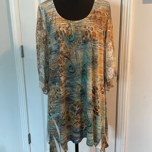 Cal Style Tunic Top Women Size L Sheer Sleeve Multicolor Ditsy Print Bedazzled